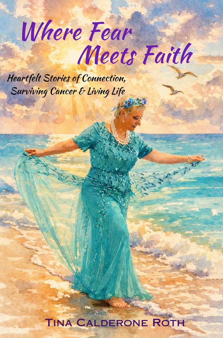 Where Fear Meets Faith book cover: a watercolor of a woman in a teal gown at the shoreline at sunrise.